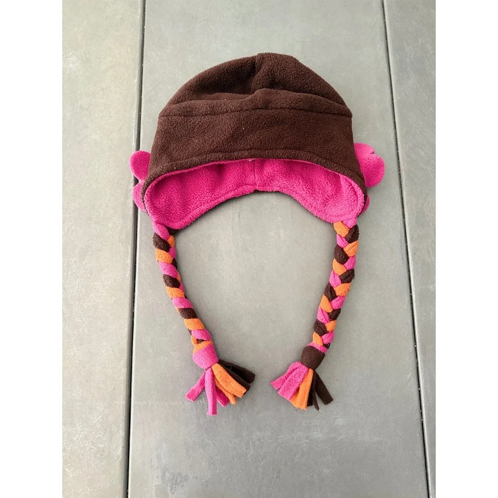 Tuff Cookie Girls Fleece Trapper Hat Brown Pink Orange Floral Braids Size L